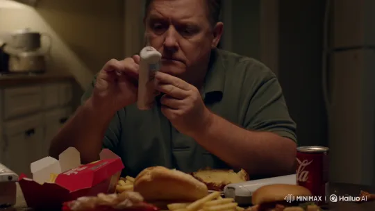Middle-Aged Man Checks Blood Sugar Amidst Junk Food – AI Generated Video | Hailuo AI