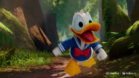 Donald Duck Flees Menacing Wolf in Lush Forest Chase – AI Generated Video | Hailuo AI