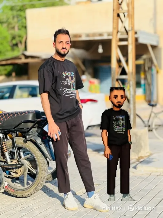 Young Man and Pixelated Double in 180-Degree Orbit Shot – AI Generated Video | Hailuo AI