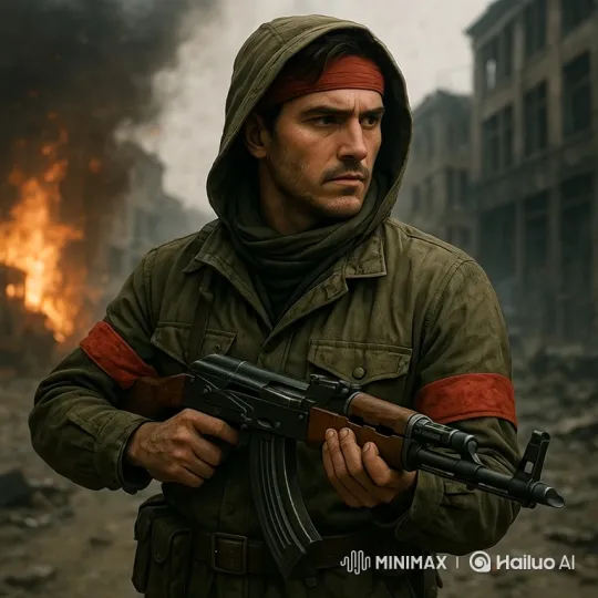 Revolutionary Soldier Advances Through War-Torn Cityscape – AI Generated Video | Hailuo AI