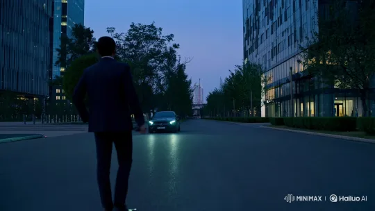 Confident Man Drives Sleek Car from Lemboniya in Twilight City – AI Generated Video | Hailuo AI