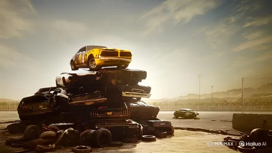 Desolate Junkyard with Pile of Wrecked Cars – AI Generated Video | Hailuo AI