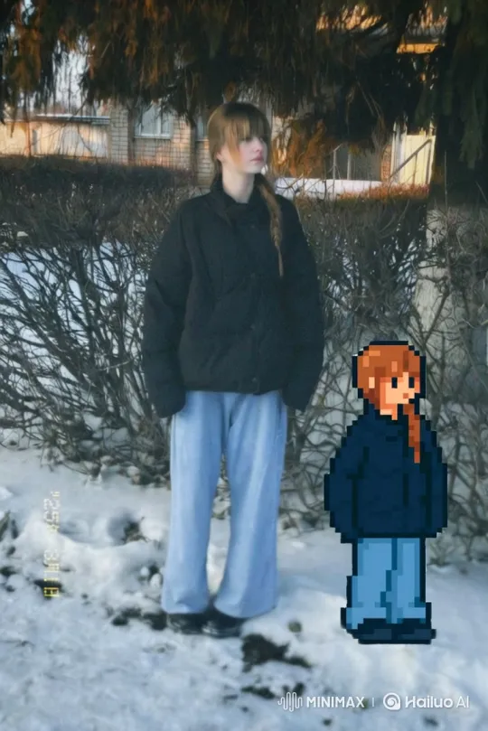 Young Woman and Pixel Art Double in Winter Landscape – AI Generated Video | Hailuo AI