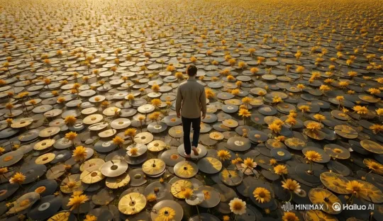 Man Walking Through Infinite Field of Vinyl Records with Flowers – AI Generated Video | Hailuo AI