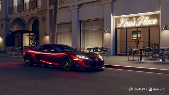 Elegant Supercar Parked at 'Kira's Place' on Hollywood Blvd – AI Generated Video | Hailuo AI