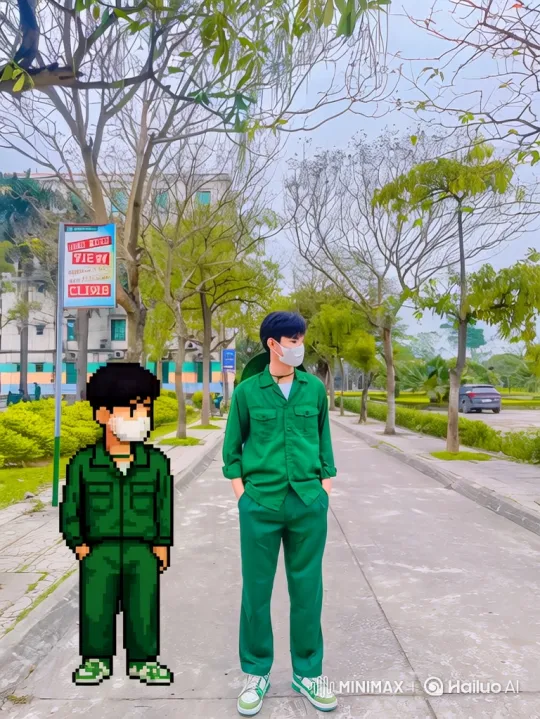 Young Man and Pixel Art Stand Still as Camera Orbits – AI Generated Video | Hailuo AI