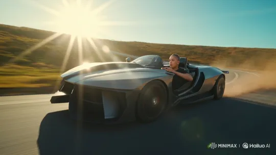 Futuristic Sports Car Driven Through Rolling Hills – AI Generated Video | Hailuo AI