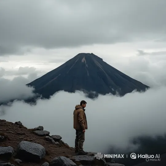 Man Reflects on Mountain Peak Amid Clouds and Volcano – AI Generated Video | Hailuo AI