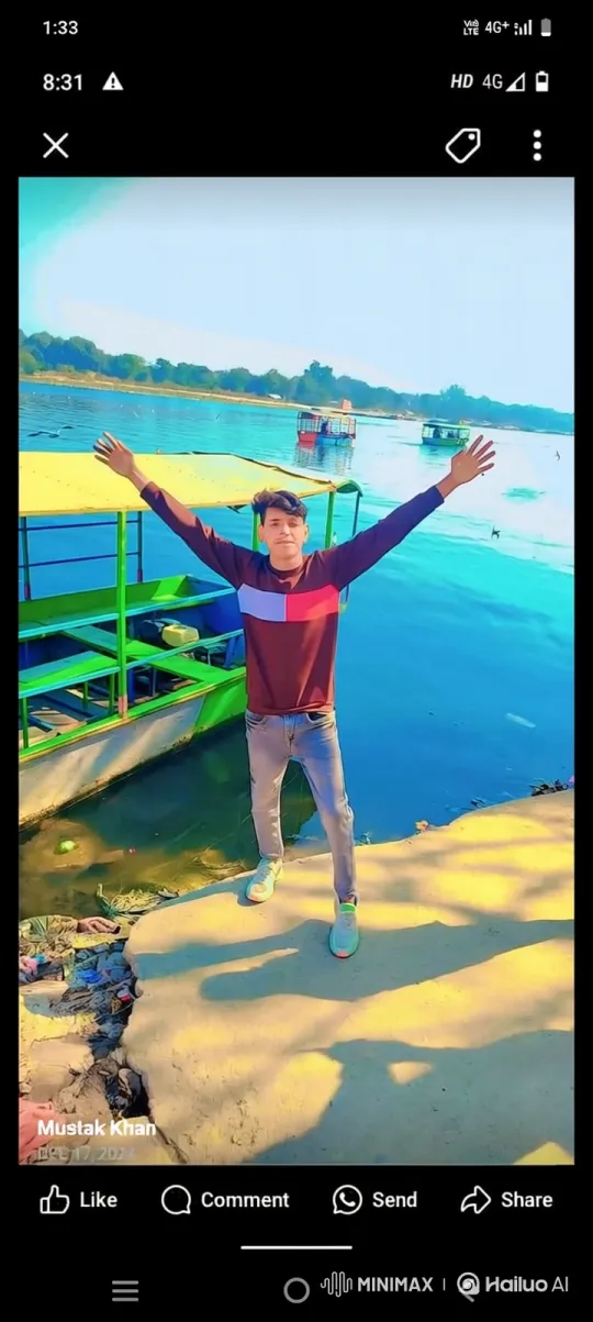 Young Man Celebrates on Riverbank with Boats in Background – AI Generated Video | Hailuo AI
