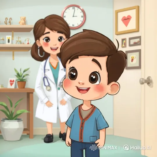 Cartoon Doctor Examining Boy in Bright Office – AI Generated Video | Hailuo AI