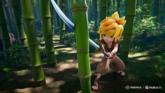 Boy Slices Bamboo with Sword in Tranquil Grove – AI Generated Video | Hailuo AI