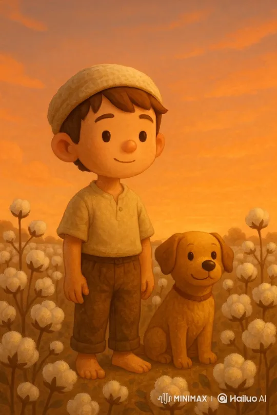 Boy and Dog in Cotton Field at Dusk – AI Generated Video | Hailuo AI