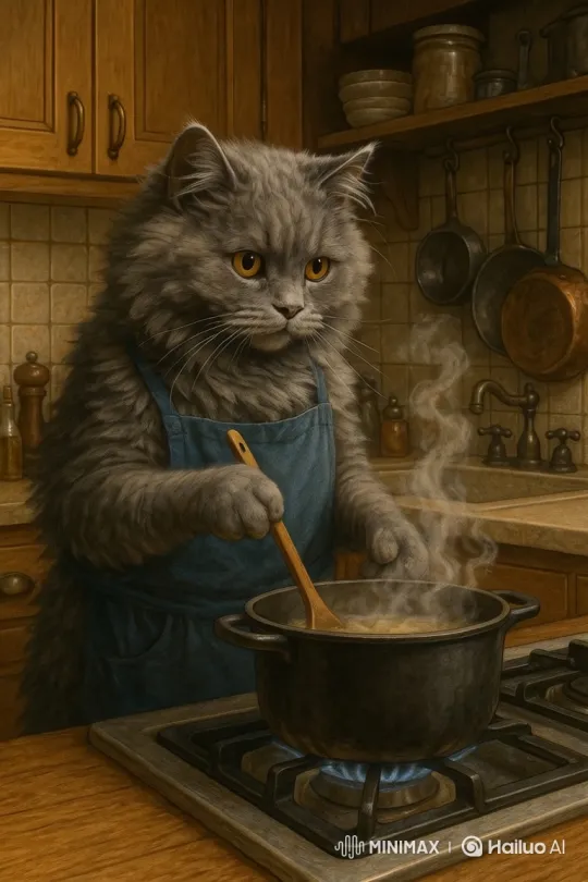 Fluffy Cat Cooks Ramen with Precision in Cozy Kitchen – AI Generated Video | Hailuo AI