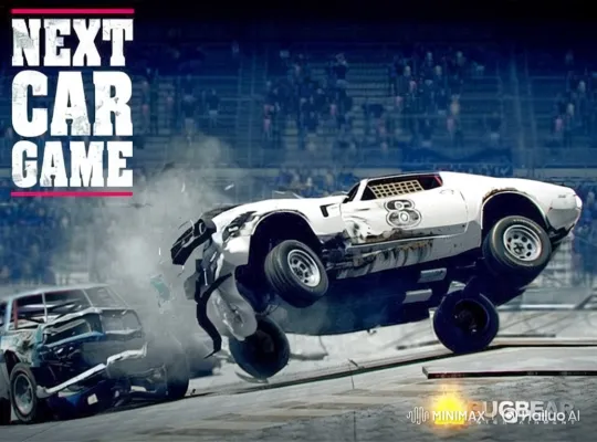 White Race Car Launches Over Blue in Demolition Derby – AI Generated Video | Hailuo AI