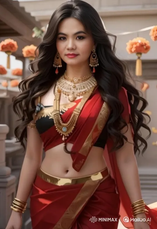 Graceful Woman in Traditional Red-Gold Attire Smiles – AI Generated Video | Hailuo AI