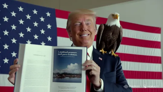 Trump Showcases 'Executive Order Book' with Eagle on Shoulder – AI Generated Video | Hailuo AI