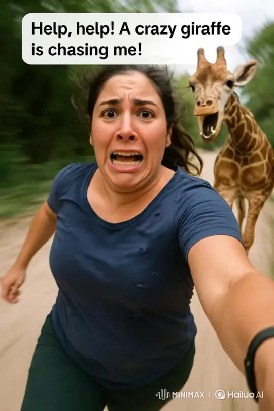 Woman Flees Terrified, Believing a Giraffe Is Chasing Her – AI Generated Video | Hailuo AI