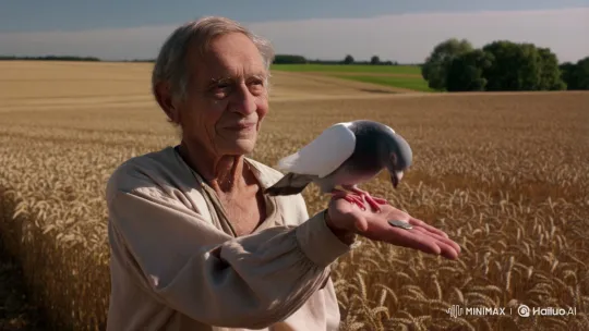 Farmer Receives Coin from Grateful Pigeon in Wheat Field – AI Generated Video | Hailuo AI