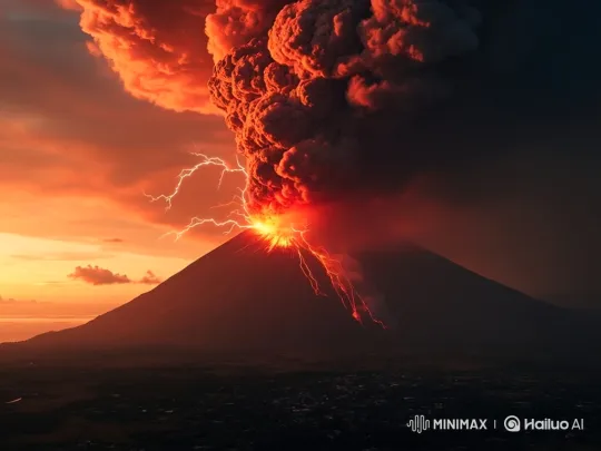 Erupting Volcano with Fiery Ash Cloud and Lightning – AI Generated Video | Hailuo AI