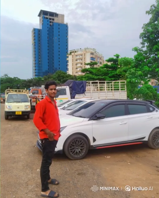 Young Man Admires His Modern Hatchback in Urban Setting – AI Generated Video | Hailuo AI