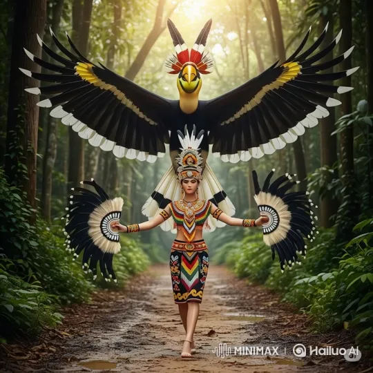 Woman in Colorful Attire Leads Sacred Walk with Giant Hornbill – AI Generated Video | Hailuo AI