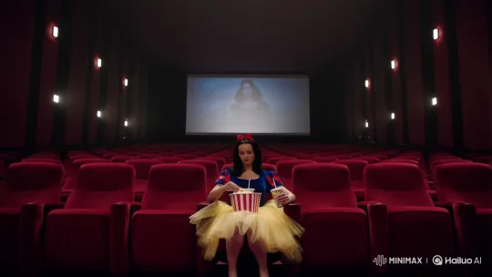 Snow White Rachel Zegler Watches Her Movie Alone in a Theater – AI Generated Video | Hailuo AI