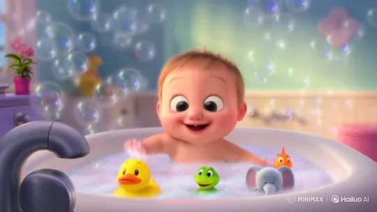 Baby Bath Time with Playful Toys and Bubbles – AI Generated Video | Hailuo AI