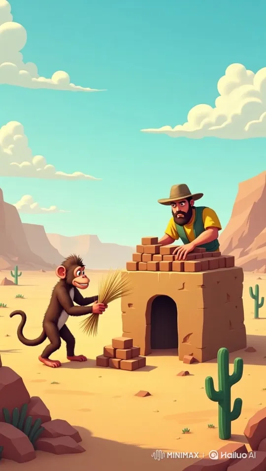 Farmer and Monkey Build Shelter in Desert – AI Generated Video | Hailuo AI