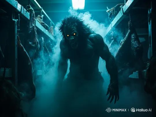 Terrifying Werewolf Devours Meat in Freezer Scene – AI Generated Video | Hailuo AI