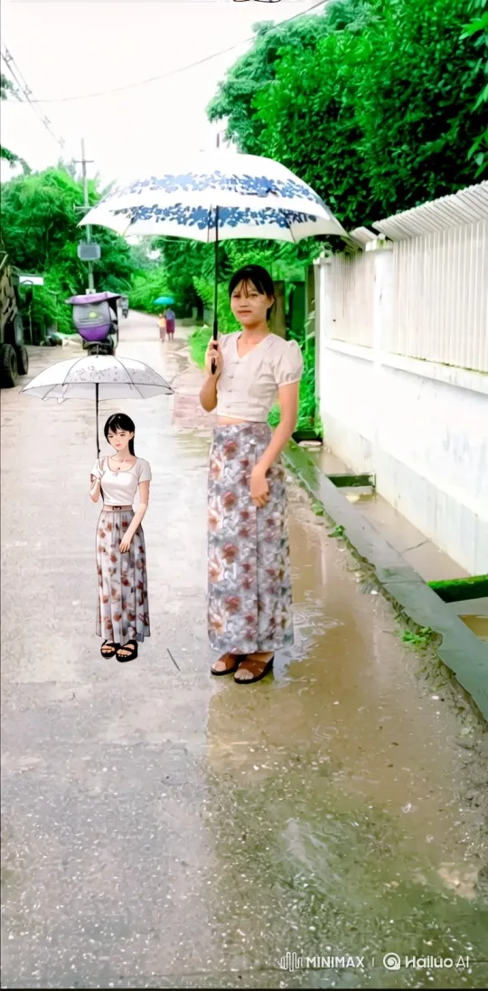 Young Woman and Animated Self Reflect on Wet Road – AI Generated Video | Hailuo AI