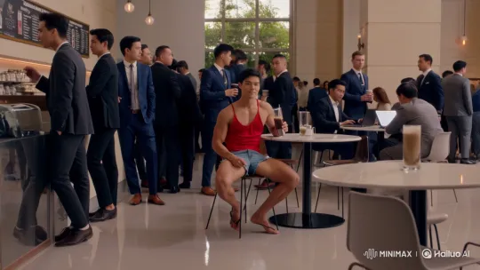 Asian Man in Red Singlet Stands Out in Formal Coffee Shop – AI Generated Video | Hailuo AI
