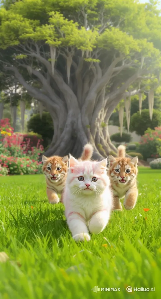 Adorable Kittens and Tiger Cubs Play on Green Lawn – AI Generated Video | Hailuo AI