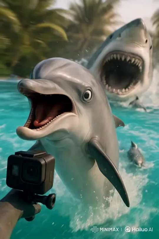 Dolphin Escapes from Huge Shark Chase – AI Generated Video | Hailuo AI