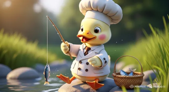 Baby Duck Chef Enjoys Fishing by the Stream – AI Generated Video | Hailuo AI