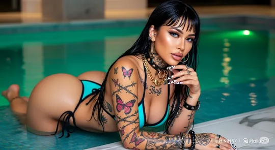 Tattooed Woman in Pool: Serene and Mesmerizing Scene – AI Generated Video | Hailuo AI