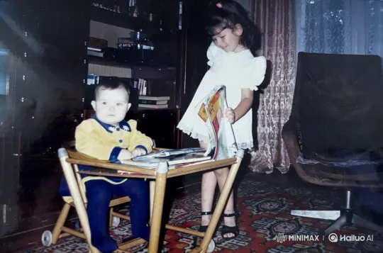 Young Girl and Baby Engage with Books in Vintage Room – AI Generated Video | Hailuo AI