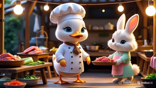 Cute Animals Prep Feast at Mookata Stall – AI Generated Video | Hailuo AI