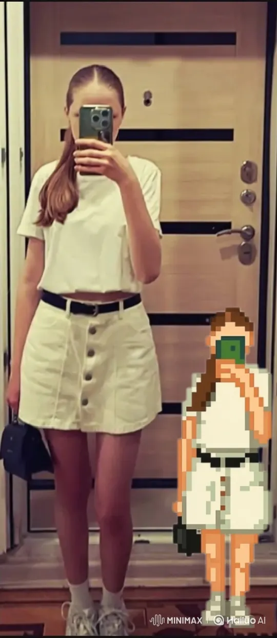 Young Woman and 8-bit Doppelgänger 180-Degree Shot – AI Generated Video | Hailuo AI