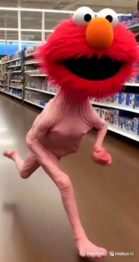 Bizarre Elmo-Headed Creature in Supermarket and Bathroom – AI Generated Video | Hailuo AI