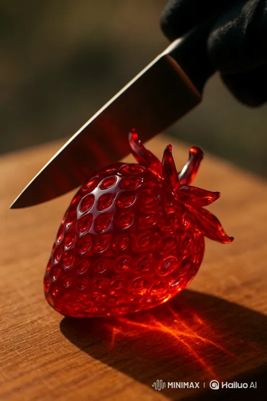 Glass Strawberry Destruction with Knife – AI Generated Video | Hailuo AI