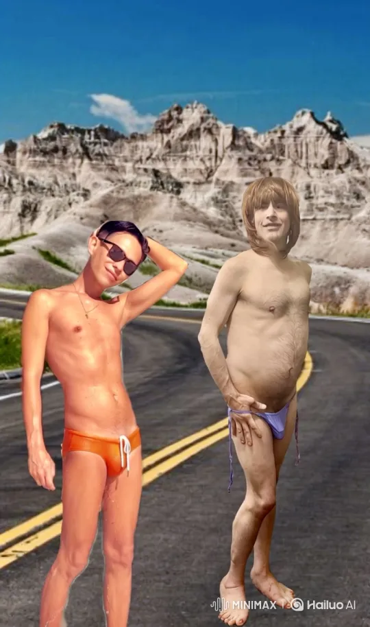 Two Men Dance in Mountains in Silly Swimsuits – AI Generated Video | Hailuo AI
