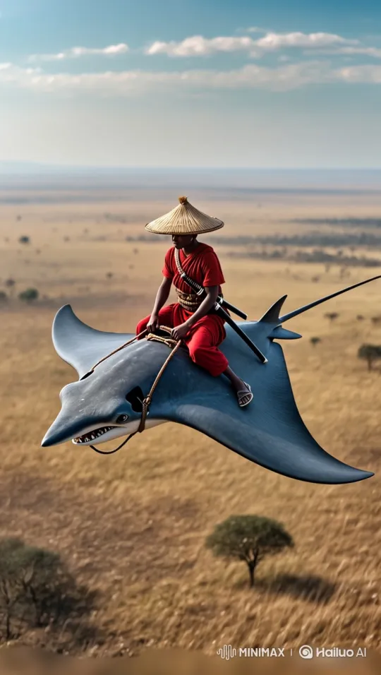 Man and Creature Serenely Glide Over Golden Savannah at Dusk – AI Generated Video | Hailuo AI