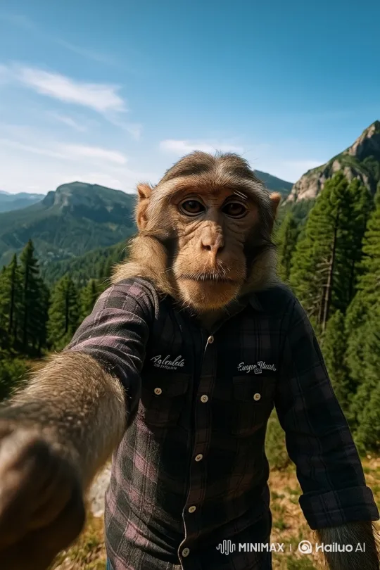 Monkey Takes a Deliberate Mountain Selfie – AI Generated Video | Hailuo AI