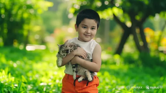 Boy and Kitten Bond in Sunlit Park Scene – AI Generated Video | Hailuo AI