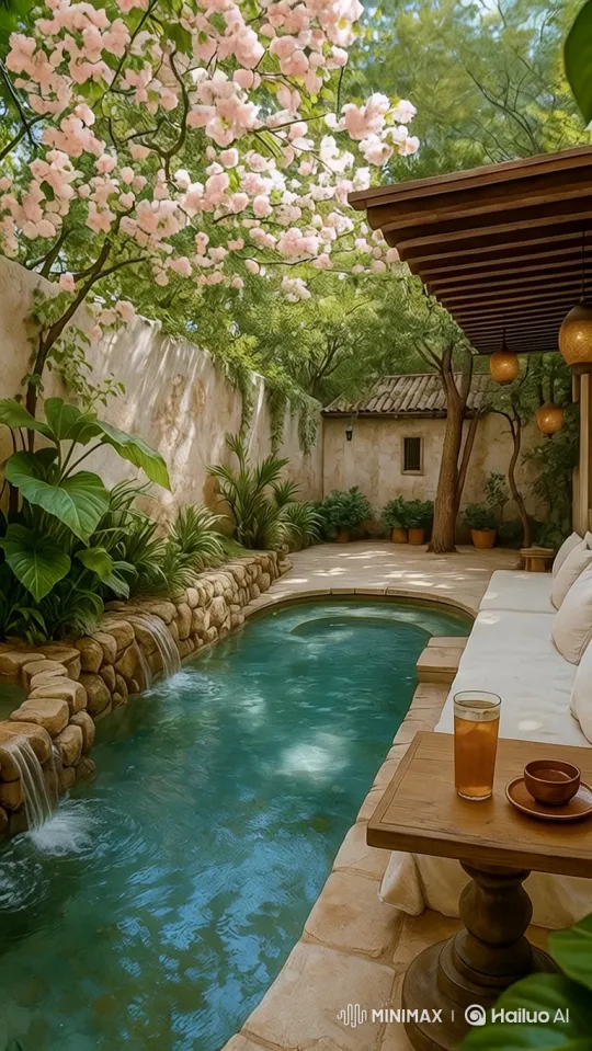 Mediterranean Courtyard: Tranquil Waterfall and Seating Area – AI Generated Video | Hailuo AI