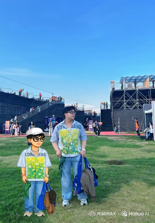 Man and Pixelated Companion Orbit Around a Festival Stage – AI Generated Video | Hailuo AI