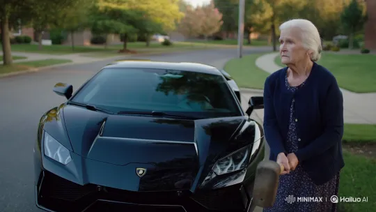 Elderly Woman Smashes Lamborghini on Suburban Street – AI Generated Video | Hailuo AI