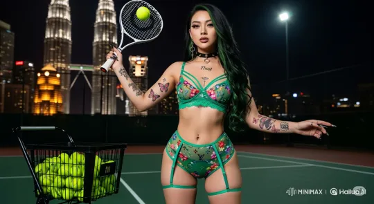 Stylish Woman in Lingerie Plays Tennis at Night – AI Generated Video | Hailuo AI