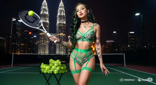 Stylish Woman Plays Tennis on Rooftop at Night – AI Generated Video | Hailuo AI