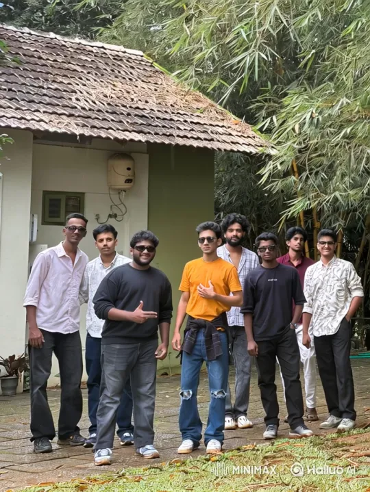Young Men Pose Outdoors, Focus on Leader in Orange Shirt – AI Generated Video | Hailuo AI